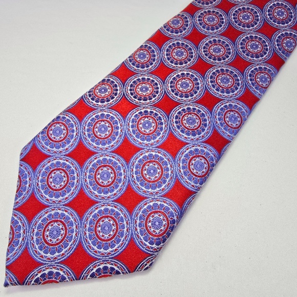 ERMENEGILDO  ZEGNA Textured Medallion Silk Tie (Red -Blue -White) Made In Italy - Picture 4 of 9